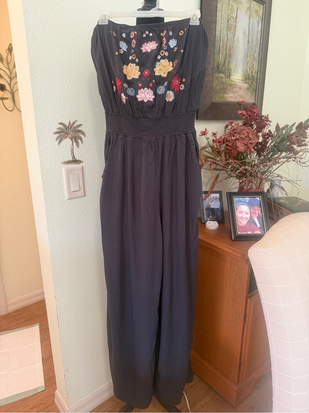 Xhilaration Black Strapless Embroidered Wide-Leg Jumpsuit